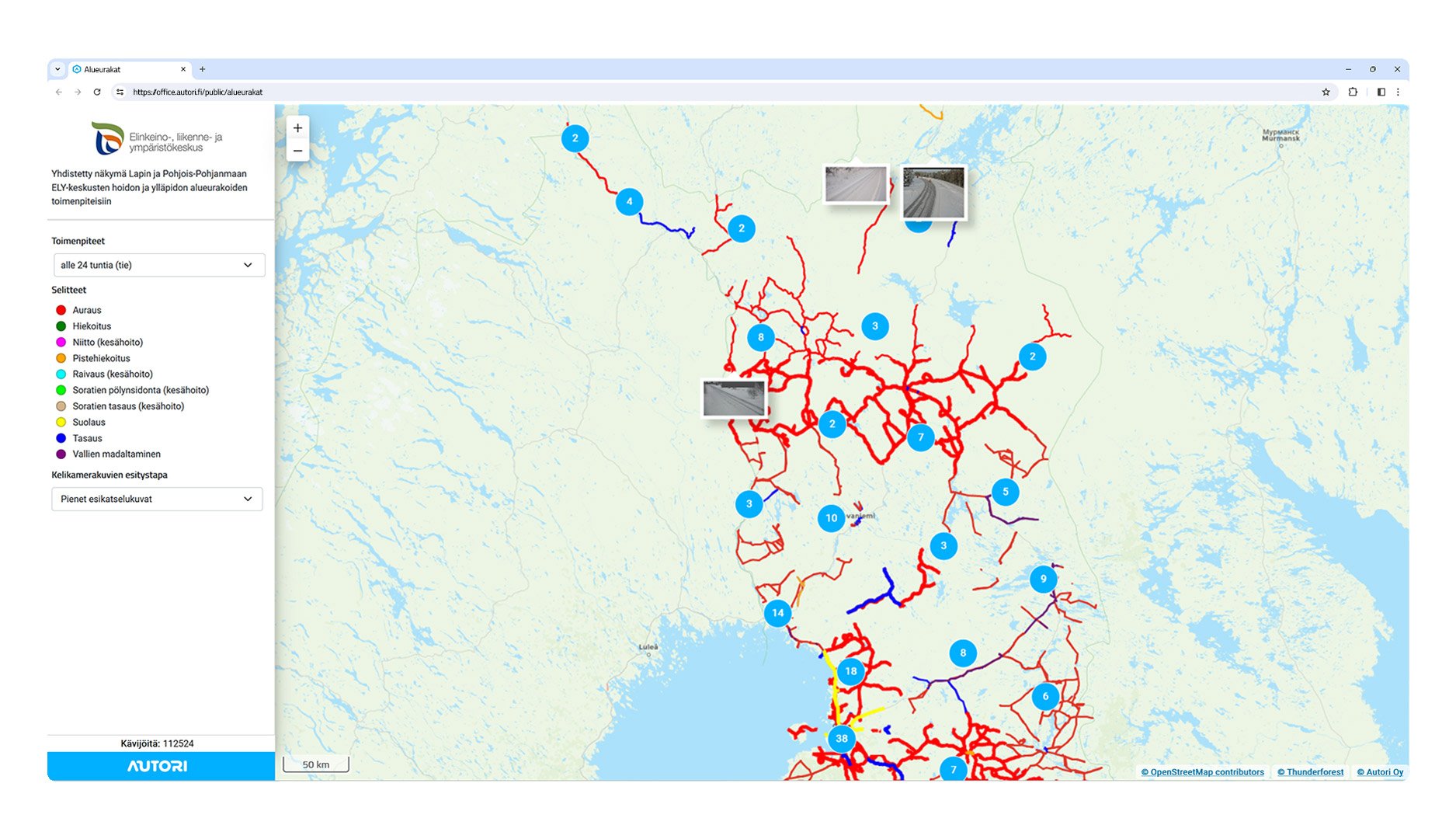 Pohjois-Pohjanmaan ja Lapin ELY-keskusten tien kunnossapidon toimenpiteet 24 tunnin ajalta, mm. auraus, hiekoitus, suolaus